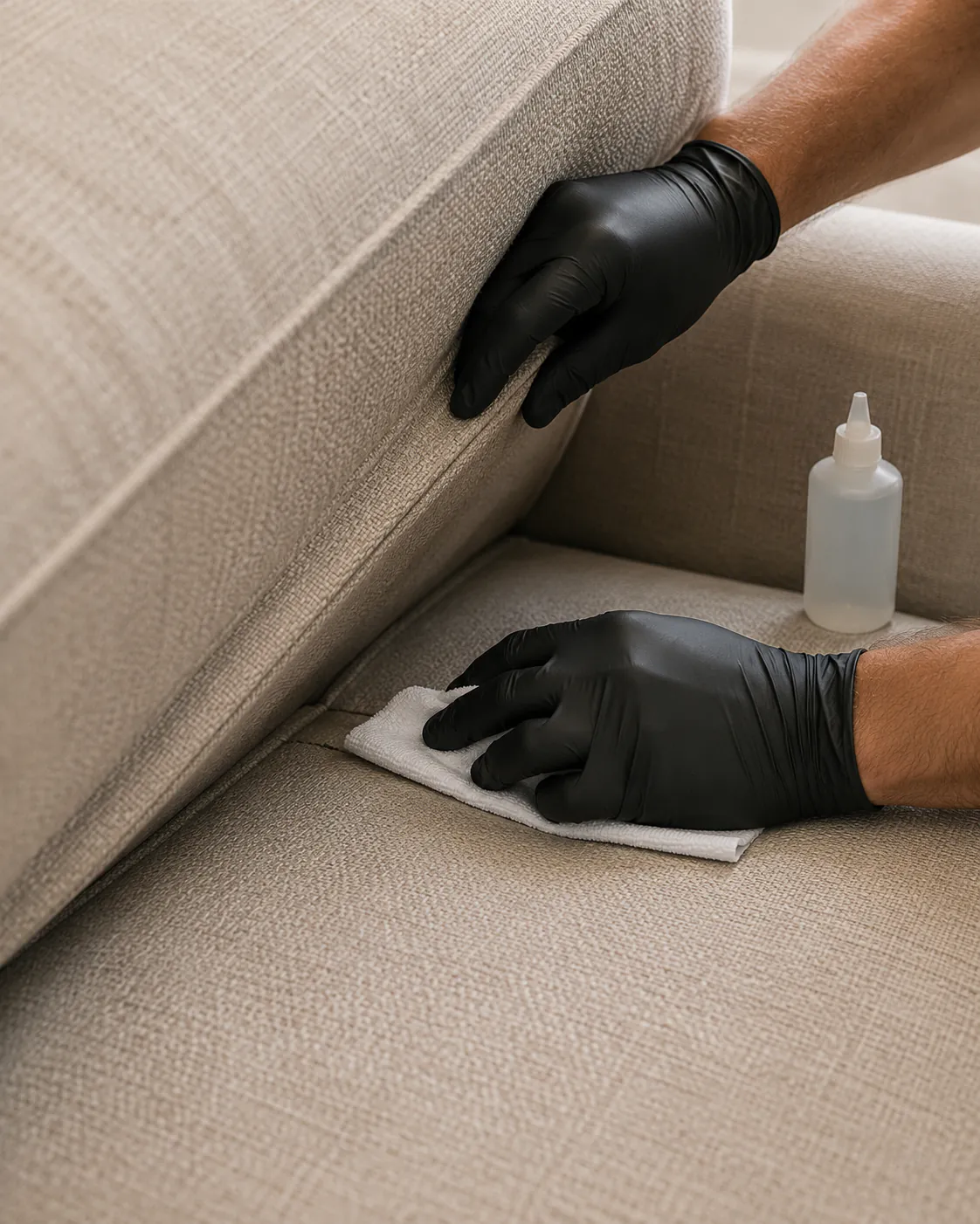 Technician treating a spot on a light upholstered sofa