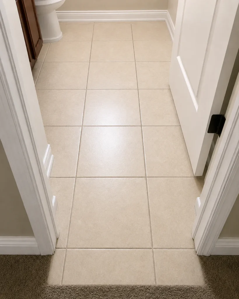 Light-colored bathroom tile floor and grout after cleaning