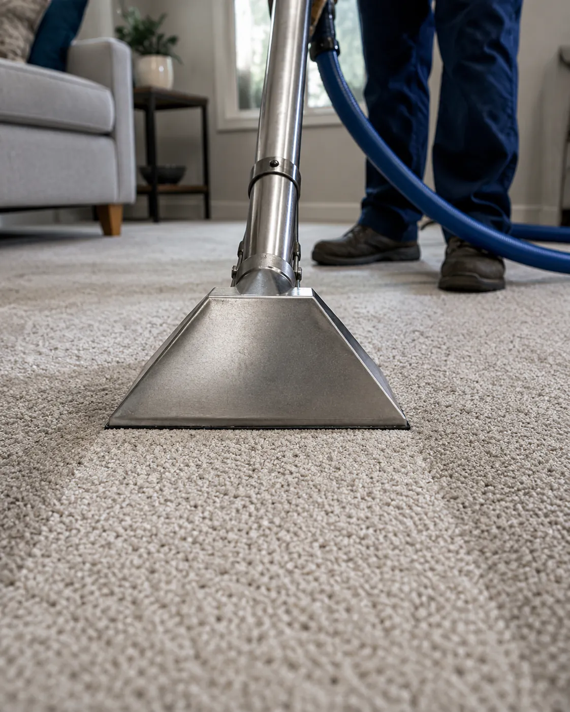 Bedroom carpet with visible discoloration near the doorway before cleaning