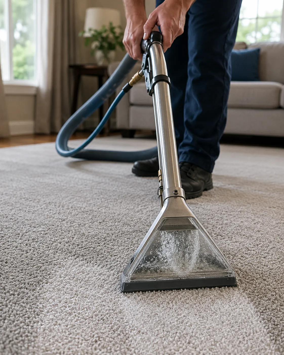 Bedroom carpet with visible discoloration near the doorway before cleaning