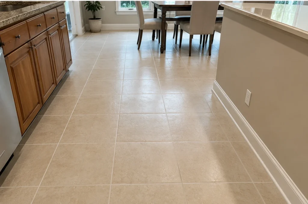 Kitchen tile floor with brighter tile and grout after cleaning
