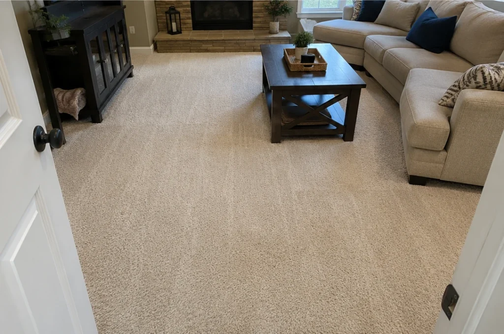 Living room carpet with a clean, even finish after cleaning