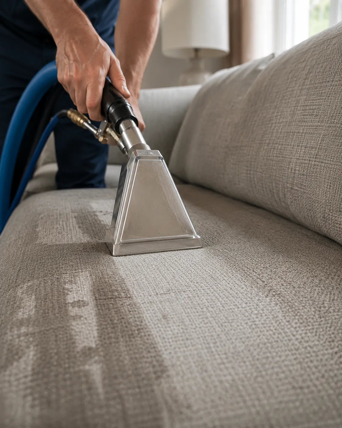 Upholstery extraction tool cleaning a light fabric sofa cushion